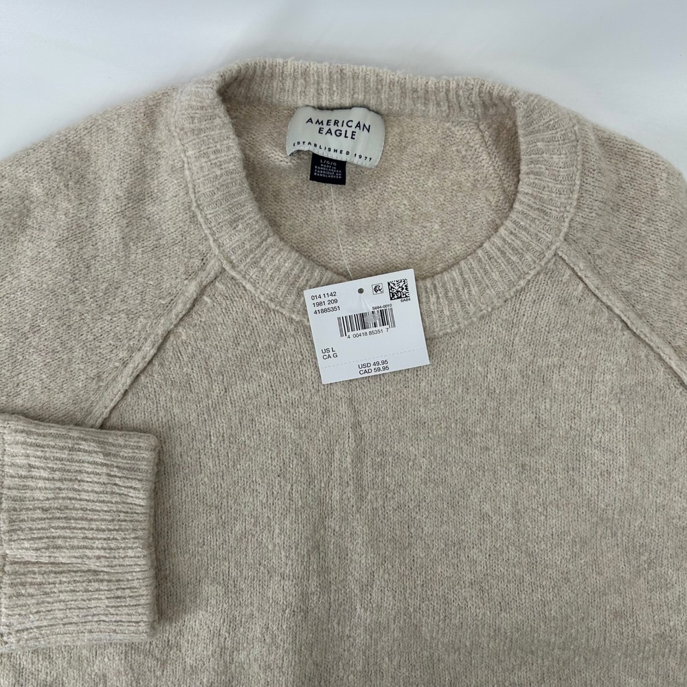 American Eagle Crewneck Sweater Mens Large Oatmeal Beige Raglan Knit NWT 0141142